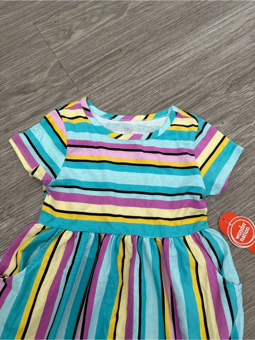 wonder nation Striped Short-Sleeve Dress in Aqua, Yellow, Purple, Black & Pink